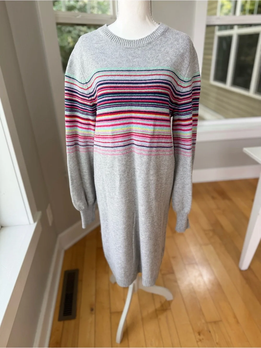GAP Light Gray Crewneck Merino Wool Sweater Dress Multicolor Stripes Large Tall